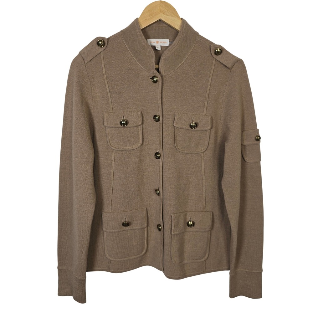 Tory Burch Tan 100% Wool Military Cardigan Jacket Gold Logo Buttons XL